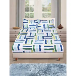 Myntra Elegant Homes Blue & White Geometric 144 TC Queen Bedsheet with 2 Pillow Covers-picture-31