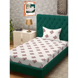 Myntra Elegant Homes Cream-Coloured & Brown Floral 300 TC Single Bedsheet with 1 Pillow Covers-picture-35