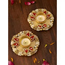 Myntra Elegant Homes Gold-Toned & Maroon Set of 2 Candle Holder-image-16