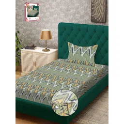 Myntra Elegant Homes Green & Grey Geometric 300 TC Single Bedsheet with 1 Pillow Covers-picture-31