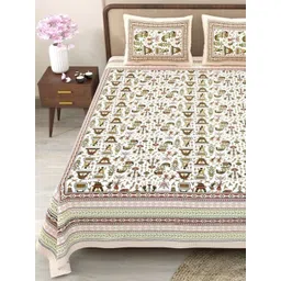 Myntra Elegant Homes Green & Orange Floral 180 TC King Bedsheet with 2 Pillow Covers-picture-32