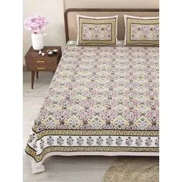 Myntra Elegant Homes Green & Orange Floral 180 TC King Bedsheet with 2 Pillow Covers-picture-33