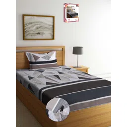 Myntra Elegant Homes Grey & Blue Geometric 300 TC Single Bedsheet with 1 Pillow Covers-picture-12