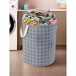 Myntra Elegant Homes Grey & White Checked Cotton Round Laundry Bag-picture-12