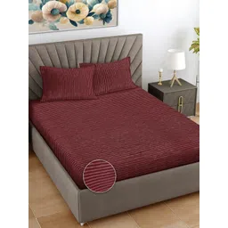 Myntra Elegant Homes Maroon Striped Woollen 300 TC Fitted King Bedsheet Set-2.5mX2.25m-image-36
