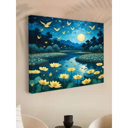 Myntra Elegant Homes Navy Blue & Yellow Moonlit Lotus Lake Printed Canvas Wall Art-picture-30