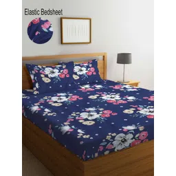 Myntra Elegant Homes Navy Blue Floral Printed 300 TC Fitted King Bedsheet Set 2.70 x 2.70m-picture-13