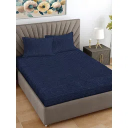 Myntra Elegant Homes Navy Blue Striped Woollen 300 TC King Bedsheet Set 2.5 m x 2.25 m-picture-22