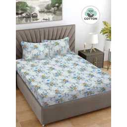 Myntra Elegant Homes White & Blue Floral Cotton 300 TC Super King Bedsheet Set-2.70mX2.70m-picture-40