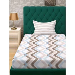 Myntra Elegant Homes White & Blue Geometric 300 TC Single Bedsheet with 1 Pillow Covers-picture-37
