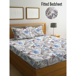 Myntra Elegant Homes White And Blue Printed 300 TC King Bedsheet Set 2.50 m x 2.25m-image-43