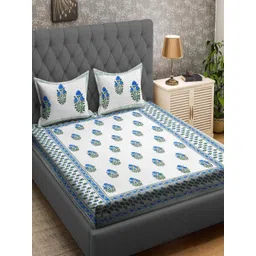 Myntra Elegant Homes White And Blue Printed Cotton 400TC King Bedsheet Set 2.69 m X 2.69 m-image-26