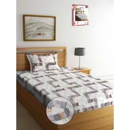 Myntra Elegant Homes White & Grey Geometric 300 TC Single Bedsheet with 1 Pillow Covers-picture-16