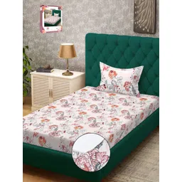 Myntra Elegant Homes White & Orange Floral 300 TC Single Bedsheet with 1 Pillow Covers-picture-26