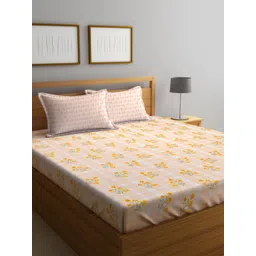 Myntra Elegant Homes White & Yellow Floral 300 TC King Bedsheet with 2 Pillow Covers-picture-11