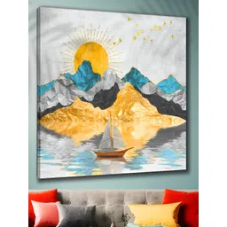 Myntra Elegant Homes Yellow & Blue Canvas Rising Sun Building Wall Art-picture-18