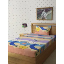 Myntra Elegant Homes Yellow & Blue Cartoon Characters 300 TC Single Bedsheet with 1 Pillow Covers-picture-31