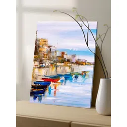 Myntra Elegant Homes Yellow & Blue City view with River Side Canvas Wall Art-picture-27