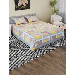 Myntra Elegant Homes Yellow & Blue Geometric 144 TC King Bedsheet with 2 Pillow Covers-picture-28