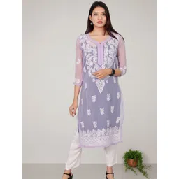 myplusfashion Women Ethnic Motifs Embroidered Chikankari Georgette Kurta-picture-17