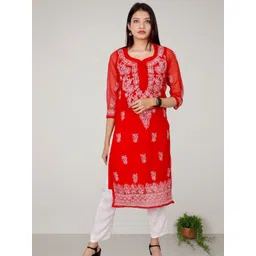 myplusfashion Women Ethnic Motifs Embroidered Chikankari Georgette Kurta-picture-28