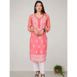 myplusfashion Women Ethnic Motifs Embroidered Chikankari Straight Kurta-picture-22