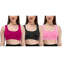 mysha Women's Nylon Soft Cotton Non Padded Non Wired Daily Workout Stretchable Sports Bra (Free Size, 28B to 34B) (Combo Pack of 3)-picture-29