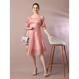 Myshka Square Neck Puff Sleeves Sheen Silk Fit & Flare Dress-picture-24