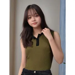 Myshka Women Colourblocked Ribbed Shirt Collar Top-picture-35