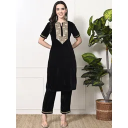Myshka Women Embroidered Regular Sequinned Velvet Kurta with Palazzos-picture-21