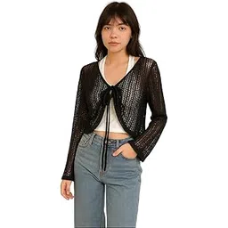 mystify NYSTIFY® Cropped Knit Cardigan, Long Sleeve Crochet Sweater with Front Tie, Lightweight Layering Top for Women-picture-36