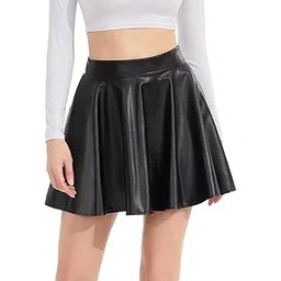 mystify Women's Faux Leather Black Classic high Waisted Skirt Pleated PU Black Leather Skirt (MINI)-picture-34