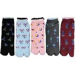 myynti Women's Ankle Cotton Socks with Thumb Winter Ladies Toe Tabi Crew Socks | Free Size | Multicolor | Pack of 5 pair-picture-35
