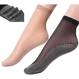 myynti Women's Ultra-Thin Cotton Ankle Length No Thumb Socks (Black and Beige_Color, Free Size) Set of - 2-picture-38