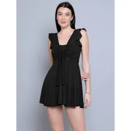 N-Gal Lycra Frock Style With Inner Short Padded One Piece Swimming Costume_Black Solid Women Swim-dress Black Swimsuit-picture-11