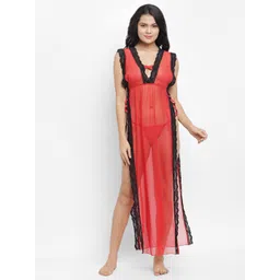 N-Gal Red & Black Maxi Sheer Lace Both Side Slit Bridal Nightdress-picture-26