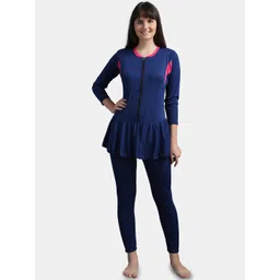 N-Gal Women Navy Blue & Pink Colourblocked Full-Length Swimwear-picture-25