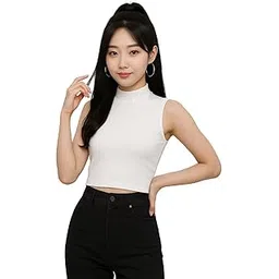 nachu Women's Sleeveless Ribbed High Neck Crop Top – Stretchy Fitted Tank for Casual-picture-10