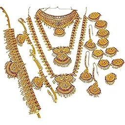 nagneshi art 18k GOLD PLATED NECKALCE 3 PVS KAMAR BAND 1 PCS BAJJU BAND 2 PCS CHOTI 9 PCS EARRING 2 PCS and TIKA 1 PCS JEWELLERY SET FOR WOMEN & GIRLS-picture-50