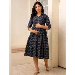 NAHIKO Women Ethnic Motifs Printed Floral Rayon Maternity Kurta With Shirt Collar-picture-16