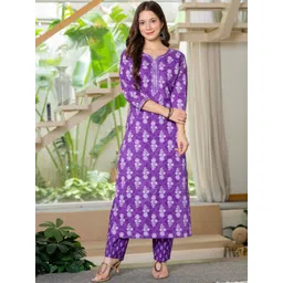 NAHIKO Women Floral Printed Regular Thread Work Pure Cotton Kurta with Trousers-picture-11