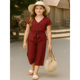 Naida Girls Maroon Solid V-Neck Basic Jumpsuit-picture-51