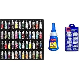 Nail Art Combo Kit with 100 Pcs False Nails 48 Bottles of 3D Glitter Powder, Nail Art Charms/Tool Sequins Shimmer Stone kit Gift Box for Girls with Nail Glue-picture-31