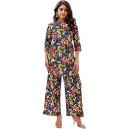 Women's Printed Rayon Blend Co-ord Set | Straight Fit Top & Pant Ensemble | V-Neck Mandarin Collar Styles | Modern Black, Orange, Purple, Green Designs | Perfect for Casual, Festive Events-image-7