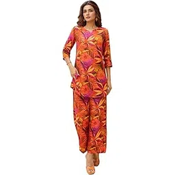 Women's Printed Rayon Blend Co-ord Set | Straight Fit Top & Pant Ensemble | V-Neck Mandarin Collar Styles | Modern Black, Orange, Purple, Green Designs | Perfect for Casual, Festive Events-image-6
