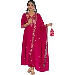 naixa Women's Vichitra Silk Embroidered Straight Kurta with Pant and Dupatta Sets (Available in Plus Size) (NX-695)-picture-52