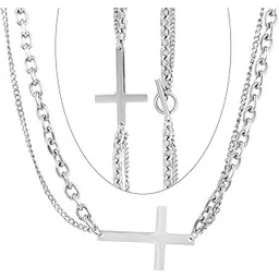 nakabh 22 inch Silver Plated Stainless Steel Double Chain with Cross Toggle Bar Lock for Men (1704101 P)-picture-50