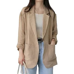 nakeah Women's Cotton Linen Suit Coat Spring Summer Solid Color One Button Loose Lapel Blazer Coat with Pocket-picture-28