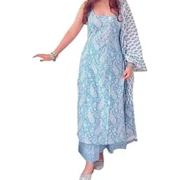 NAKSHATRA Infusion Cotton Sleeveless Kurta Set with Dupatta, Paisley Block Print Design, Summer Indian Outfit with Pant-picture-36