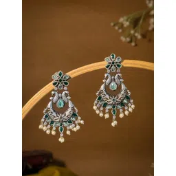 NAMAN ARTS Silver-Plated Artificial Stone And Beaded Contemporary Oxidised Drop Earrings-picture-32
